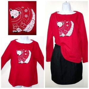 TALBOTS SHIRT LONG SLEEVE BOAT NECK EMBROIDERED POLAR BEAR RED SIZE LARGE